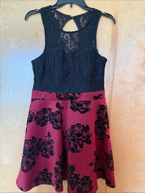 Women’s  Black Lace & Wine Floral Fit-and-Flare Dress